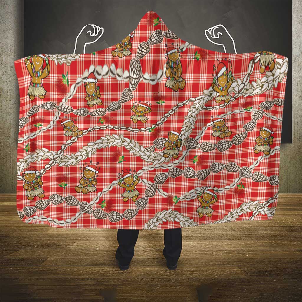 Red Palaka Hawaii Mele Kalikimaka Hooded Blanket Ohia Lehua Shell Leis Funny Gingerbread Santa - Polynesian Pride