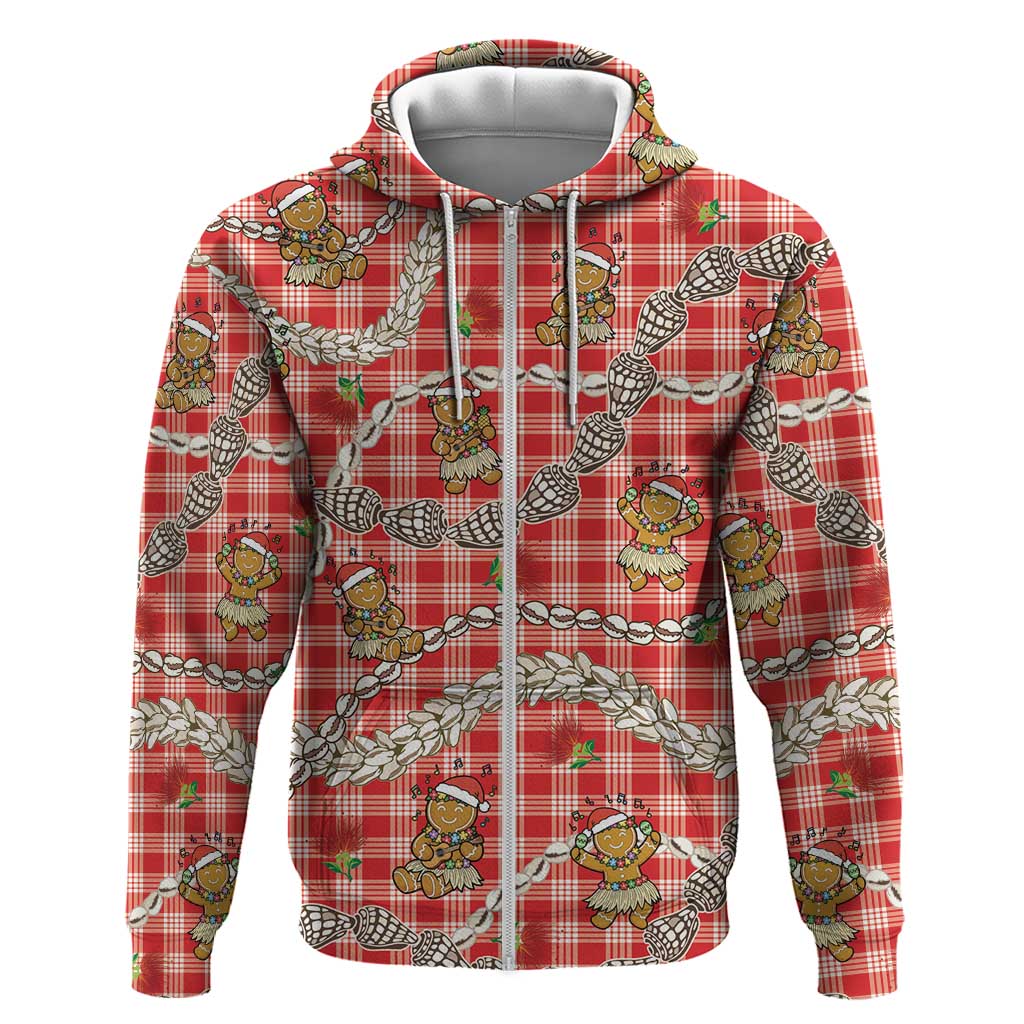 Red Palaka Hawaii Mele Kalikimaka Hoodie Ohia Lehua Shell Leis Funny Gingerbread Santa - Polynesian Pride