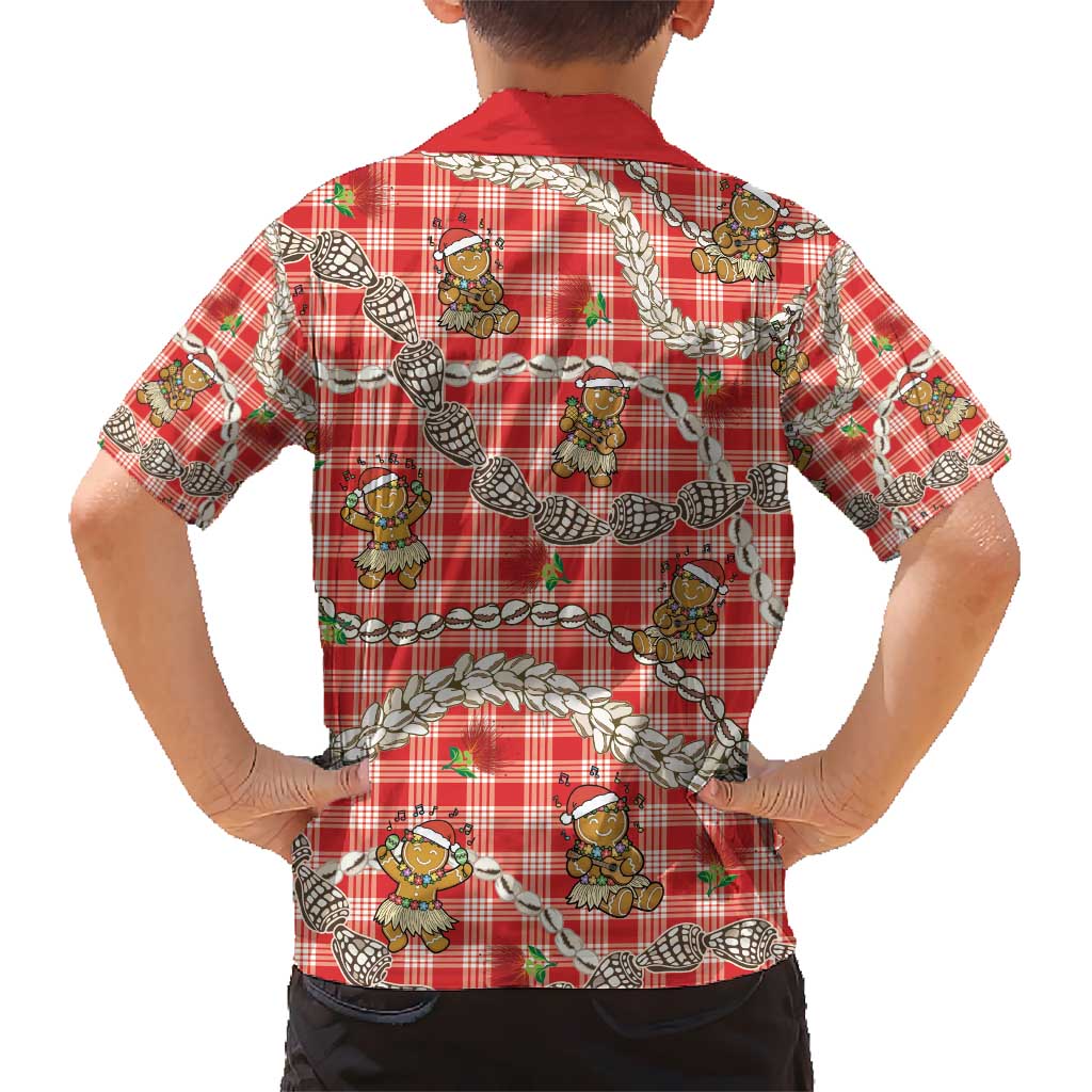 Red Palaka Hawaii Mele Kalikimaka Kid Hawaiian Shirt Ohia Lehua Shell Leis Funny Gingerbread Santa - Polynesian Pride