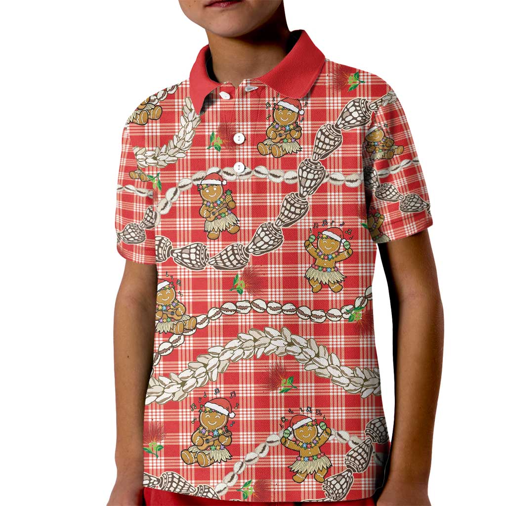 Red Palaka Hawaii Mele Kalikimaka Kid Polo Shirt Ohia Lehua Shell Leis Funny Gingerbread Santa - Polynesian Pride