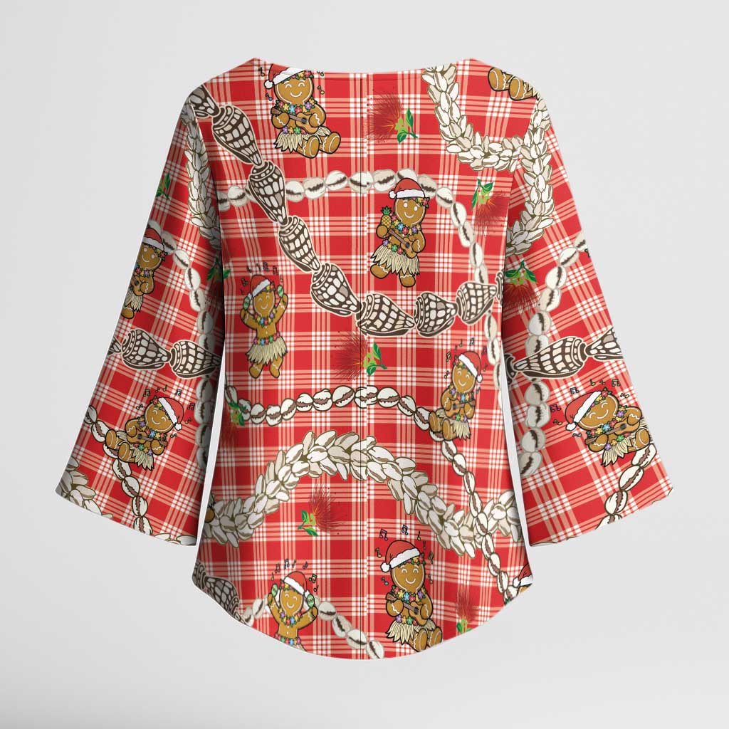 Red Palaka Hawaii Mele Kalikimaka Kimono Sleeve Blouse Ohia Lehua Shell Leis Funny Gingerbread Santa - Polynesian Pride
