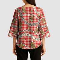 Red Palaka Hawaii Mele Kalikimaka Kimono Sleeve Blouse Ohia Lehua Shell Leis Funny Gingerbread Santa - Polynesian Pride