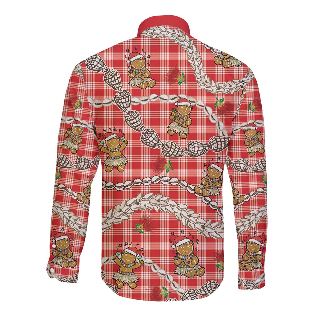 Red Palaka Hawaii Mele Kalikimaka Long Sleeve Button Shirt Ohia Lehua Shell Leis Funny Gingerbread Santa - Polynesian Pride