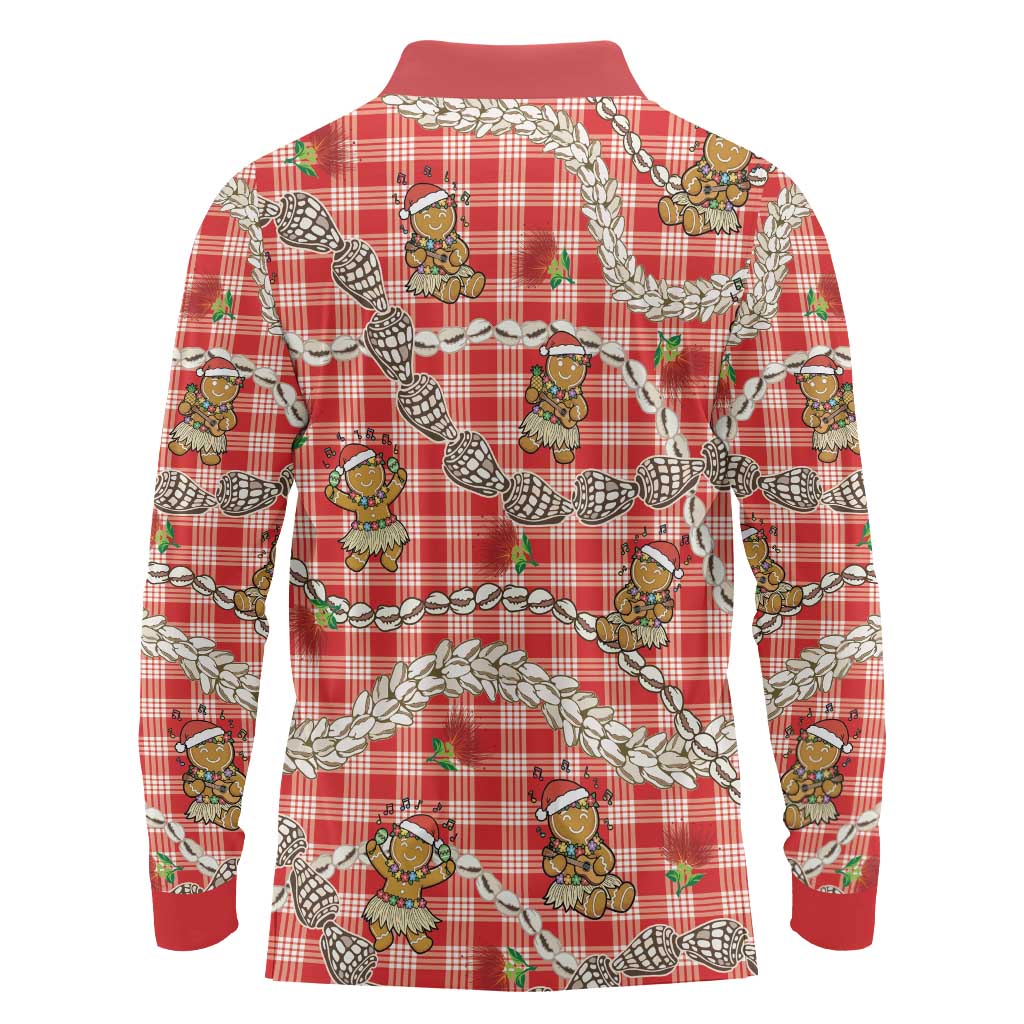 Red Palaka Hawaii Mele Kalikimaka Long Sleeve Polo Shirt Ohia Lehua Shell Leis Funny Gingerbread Santa - Polynesian Pride