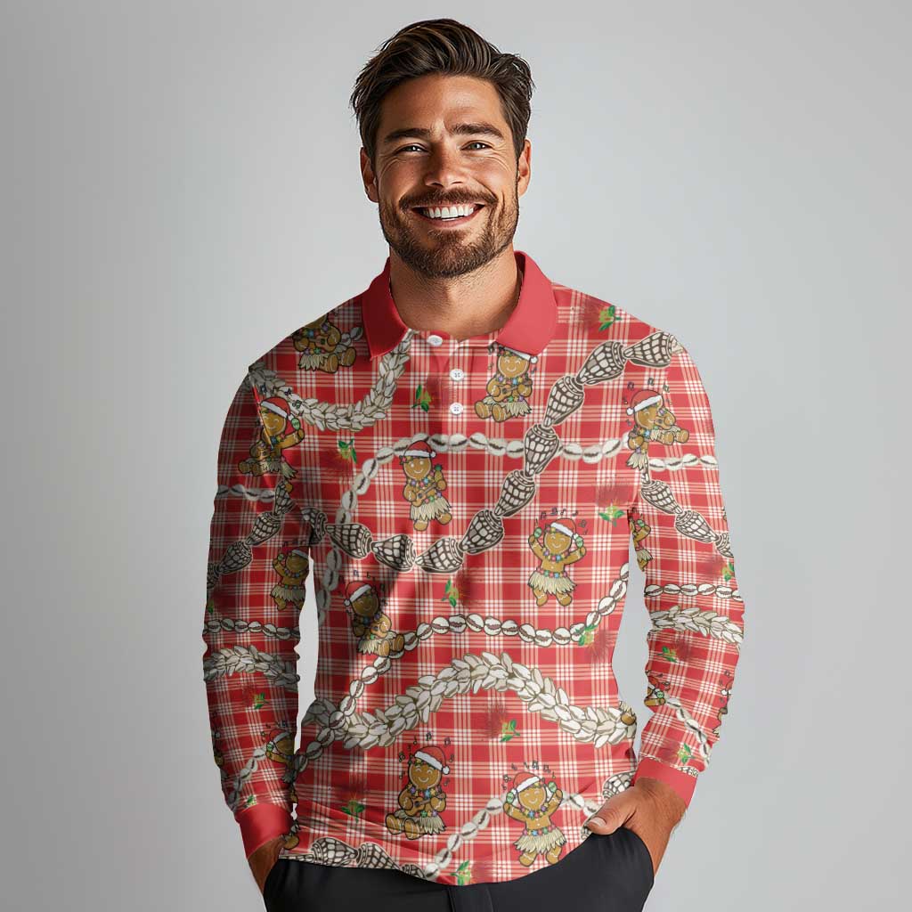 Red Palaka Hawaii Mele Kalikimaka Long Sleeve Polo Shirt Ohia Lehua Shell Leis Funny Gingerbread Santa - Polynesian Pride