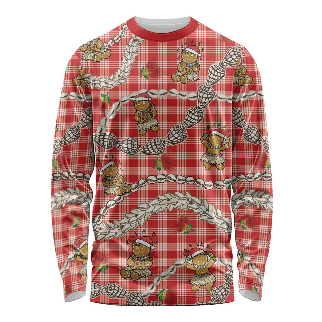 Red Palaka Hawaii Mele Kalikimaka Long Sleeve Shirt Ohia Lehua Shell Leis Funny Gingerbread Santa - Polynesian Pride