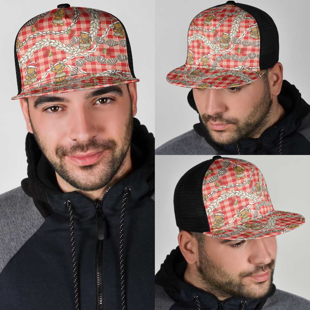 Red Palaka Hawaii Mele Kalikimaka Mesh Trucker Cap Ohia Lehua Shell Leis Funny Gingerbread Santa - Polynesian Pride