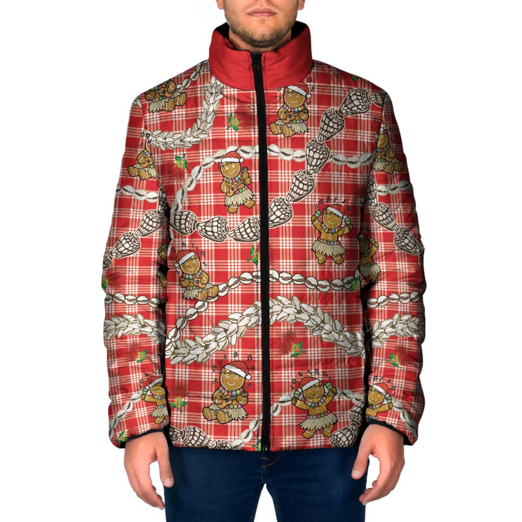 Red Palaka Hawaii Mele Kalikimaka Padded Jacket Ohia Lehua Shell Leis Funny Gingerbread Santa - Polynesian Pride