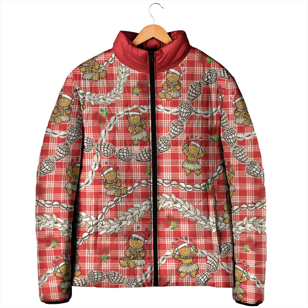 Red Palaka Hawaii Mele Kalikimaka Padded Jacket Ohia Lehua Shell Leis Funny Gingerbread Santa - Polynesian Pride