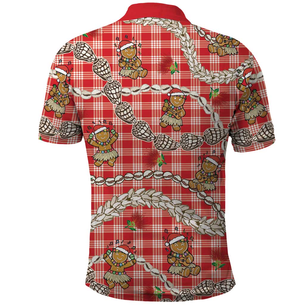 Red Palaka Hawaii Mele Kalikimaka Polo Shirt Ohia Lehua Shell Leis Funny Gingerbread Santa - Polynesian Pride