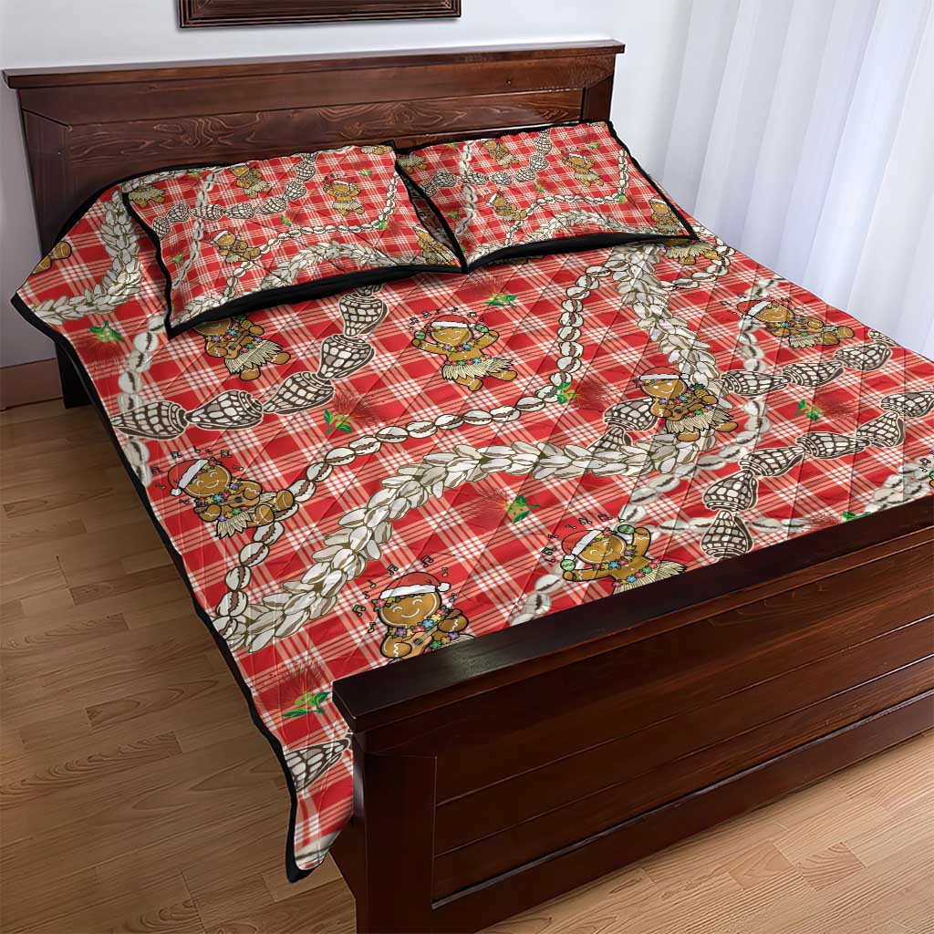 Red Palaka Hawaii Mele Kalikimaka Quilt Bed Set Ohia Lehua Shell Leis Funny Gingerbread Santa - Polynesian Pride