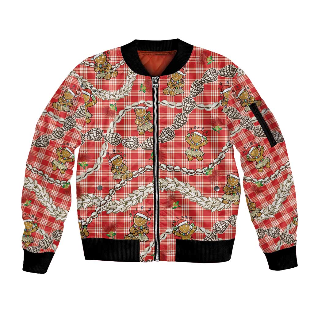 Red Palaka Hawaii Mele Kalikimaka Sleeve Zip Bomber Jacket Ohia Lehua Shell Leis Funny Gingerbread Santa - Polynesian Pride