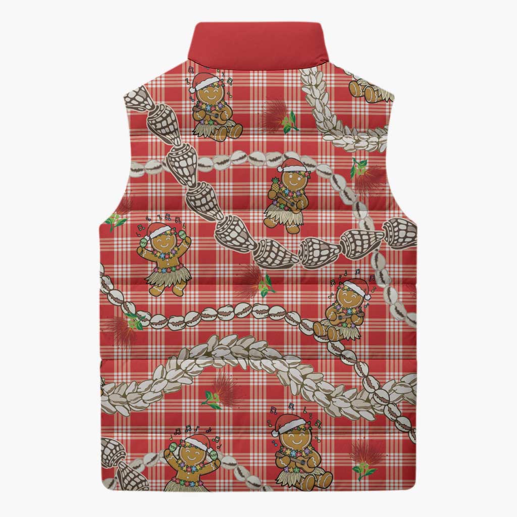 Red Palaka Hawaii Mele Kalikimaka Sleeveless Puffer Jacket Ohia Lehua Shell Leis Funny Gingerbread Santa - Polynesian Pride