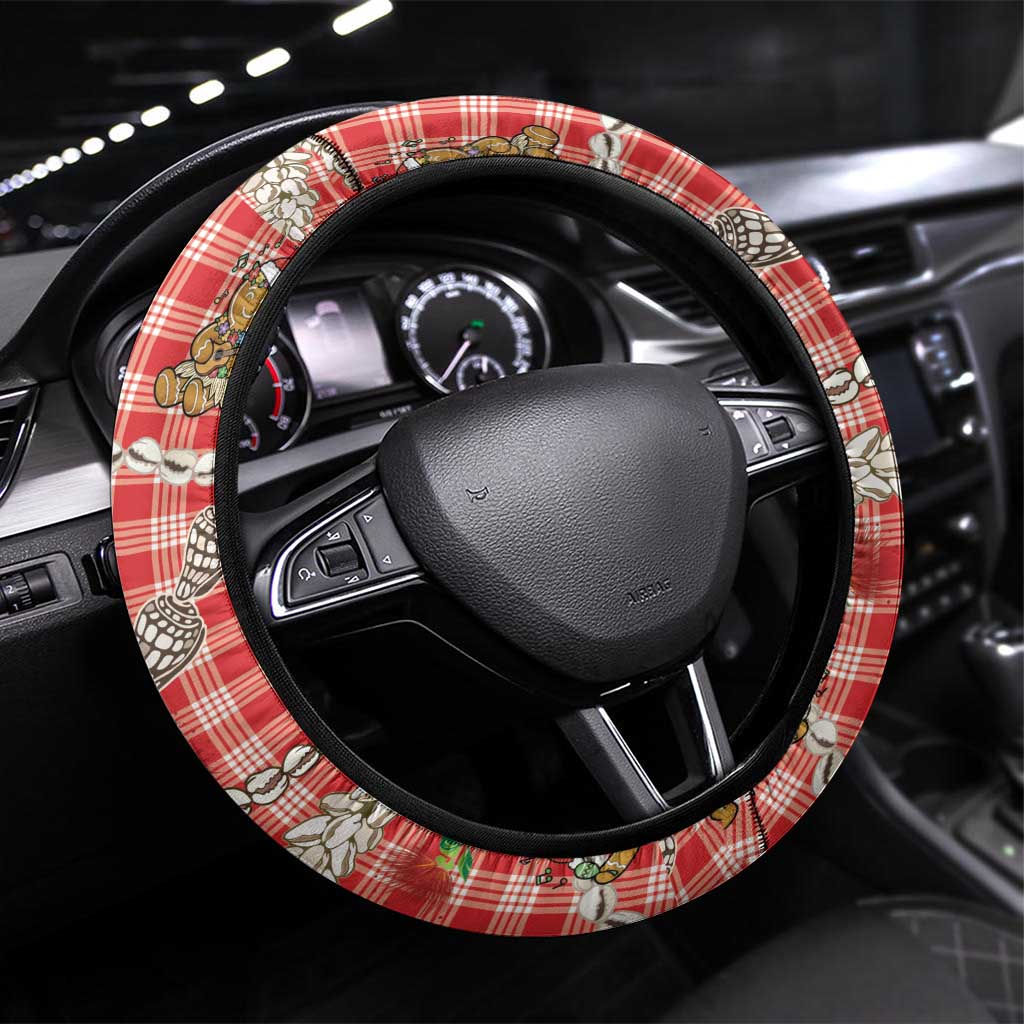 Red Palaka Hawaii Mele Kalikimaka Steering Wheel Cover Ohia Lehua Shell Leis Funny Gingerbread Santa - Polynesian Pride