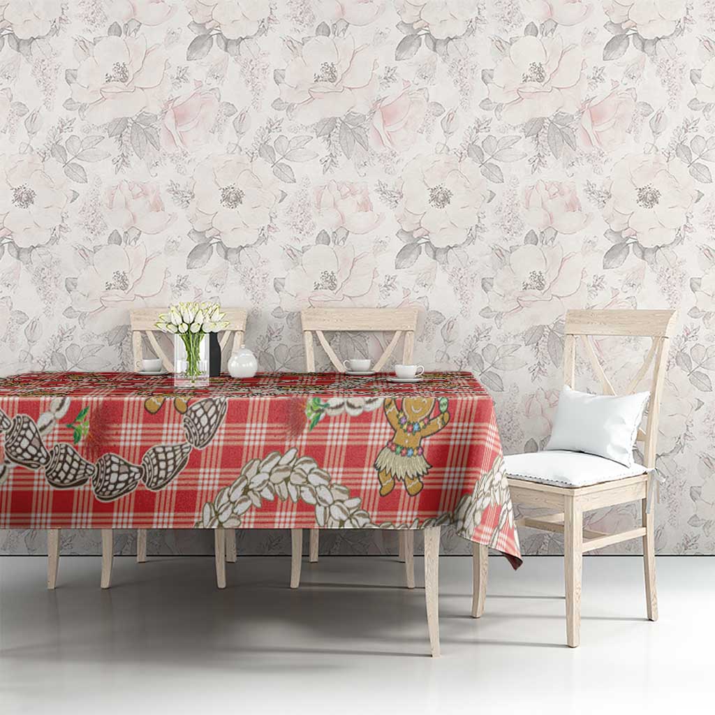 Red Palaka Hawaii Mele Kalikimaka Tablecloth Ohia Lehua Shell Leis Funny Gingerbread Santa - Polynesian Pride