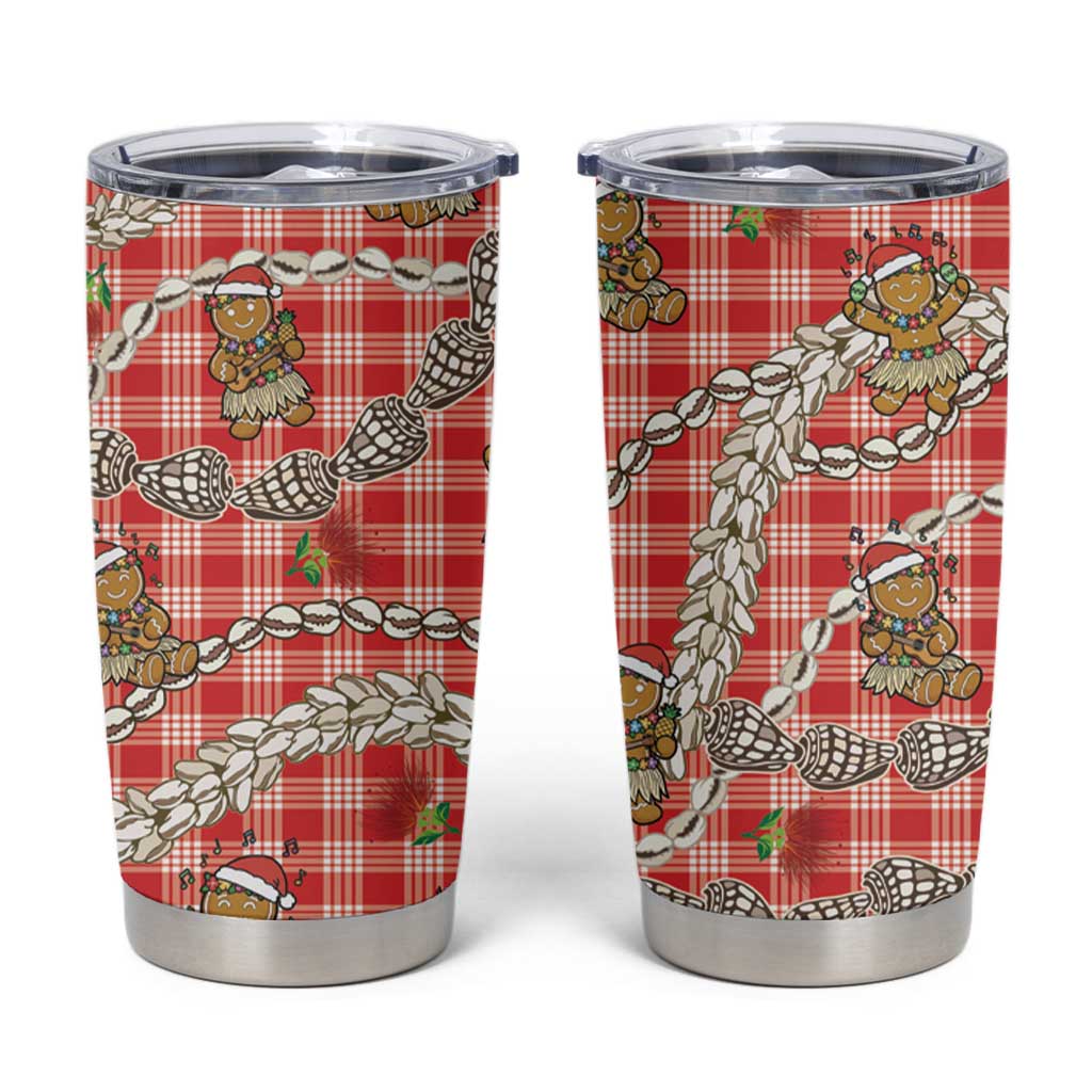 Red Palaka Hawaii Mele Kalikimaka Tumbler Cup Ohia Lehua Shell Leis Funny Gingerbread Santa - Polynesian Pride