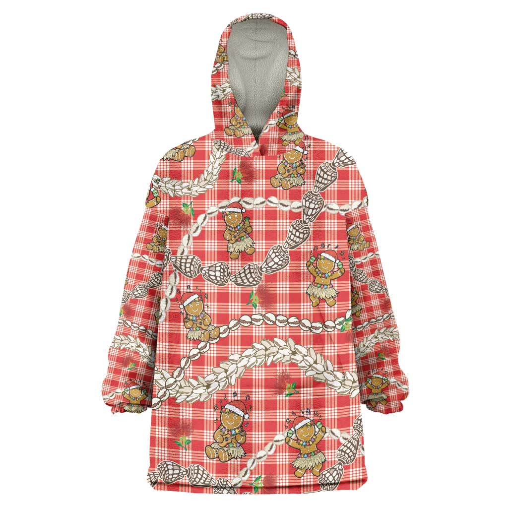 Red Palaka Hawaii Mele Kalikimaka Wearable Blanket Hoodie Ohia Lehua Shell Leis Funny Gingerbread Santa - Polynesian Pride