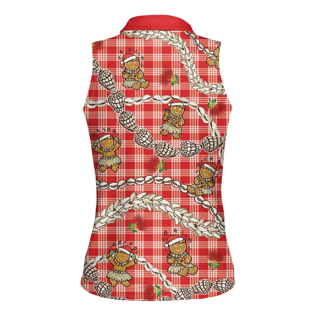 Red Palaka Hawaii Mele Kalikimaka Women Sleeveless Polo Shirt Ohia Lehua Shell Leis Funny Gingerbread Santa - Polynesian Pride