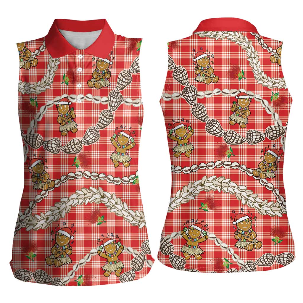 Red Palaka Hawaii Mele Kalikimaka Women Sleeveless Polo Shirt Ohia Lehua Shell Leis Funny Gingerbread Santa - Polynesian Pride