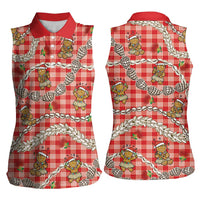 Red Palaka Hawaii Mele Kalikimaka Women Sleeveless Polo Shirt Ohia Lehua Shell Leis Funny Gingerbread Santa - Polynesian Pride