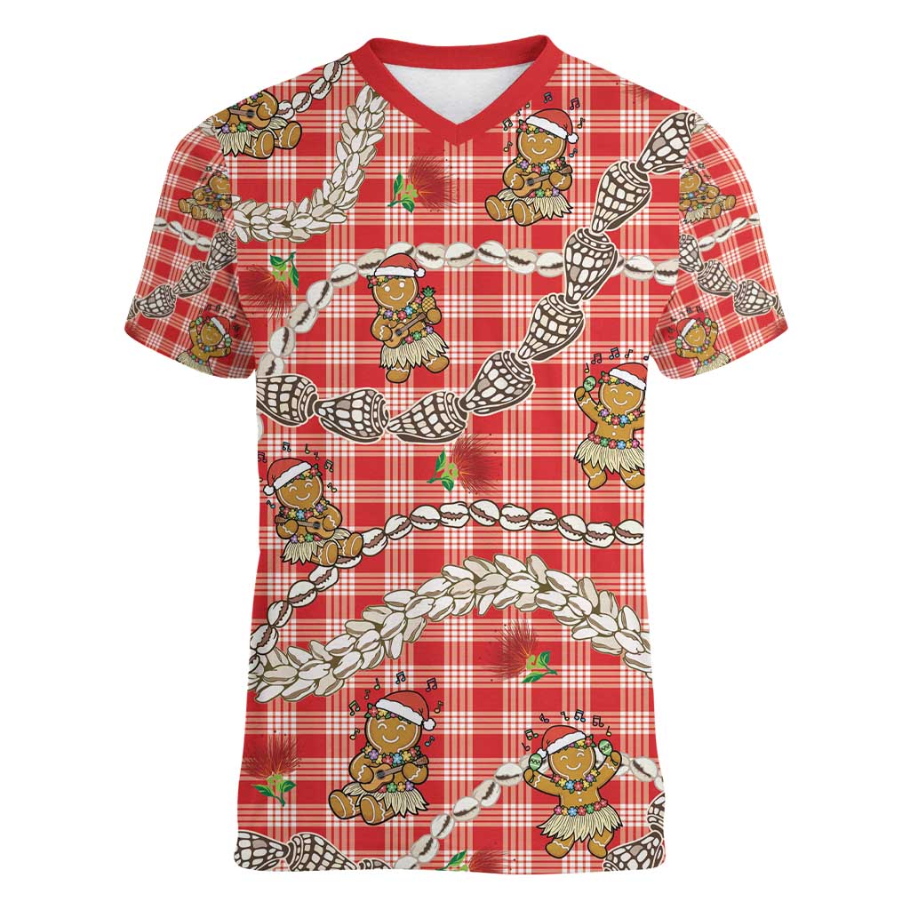 Red Palaka Hawaii Mele Kalikimaka Women V-Neck T-Shirt Ohia Lehua Shell Leis Funny Gingerbread Santa - Polynesian Pride