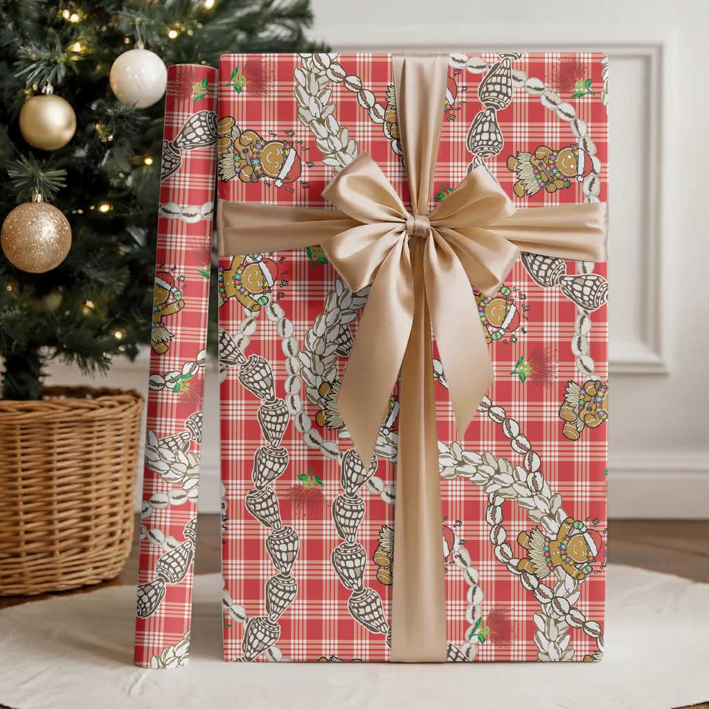 Red Palaka Hawaii Mele Kalikimaka Wrapping Paper Ohia Lehua Shell Leis Funny Gingerbread Santa - Polynesian Pride