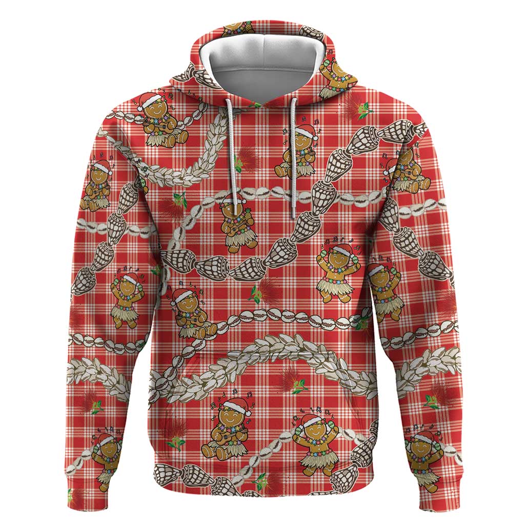 Red Palaka Hawaii Mele Kalikimaka Zip Hoodie Ohia Lehua Shell Leis Funny Gingerbread Santa - Polynesian Pride