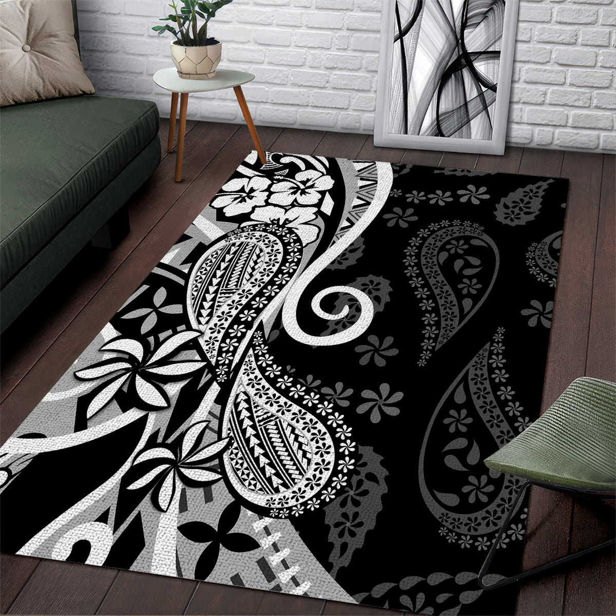 Black Polynesia Paisley Area Rug Polynesian With Tropical Flowers LT14 Black - Polynesian Pride