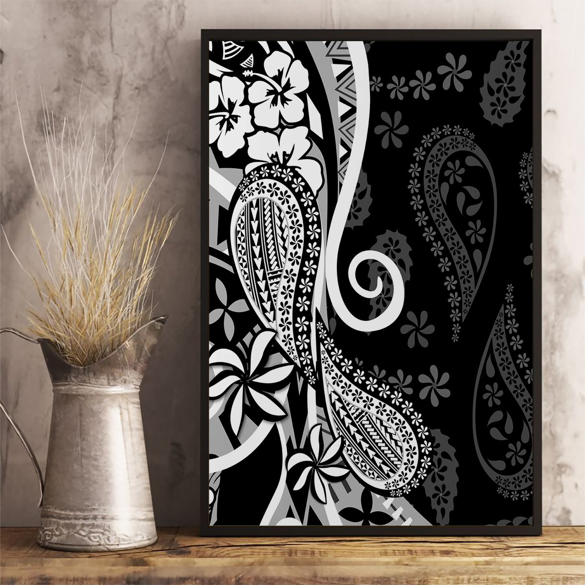 Black Polynesia Paisley Canvas Wall Art Polynesian With Tropical Flowers LT14 - Polynesian Pride