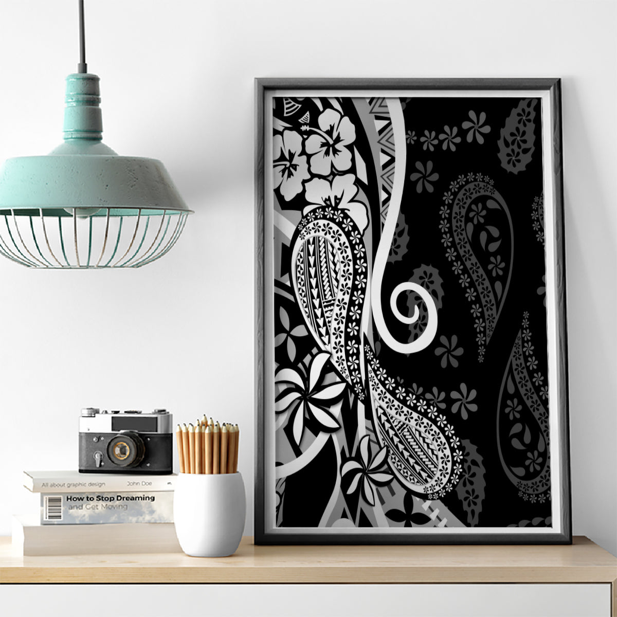 Black Polynesia Paisley Canvas Wall Art Polynesian With Tropical Flowers LT14 - Polynesian Pride