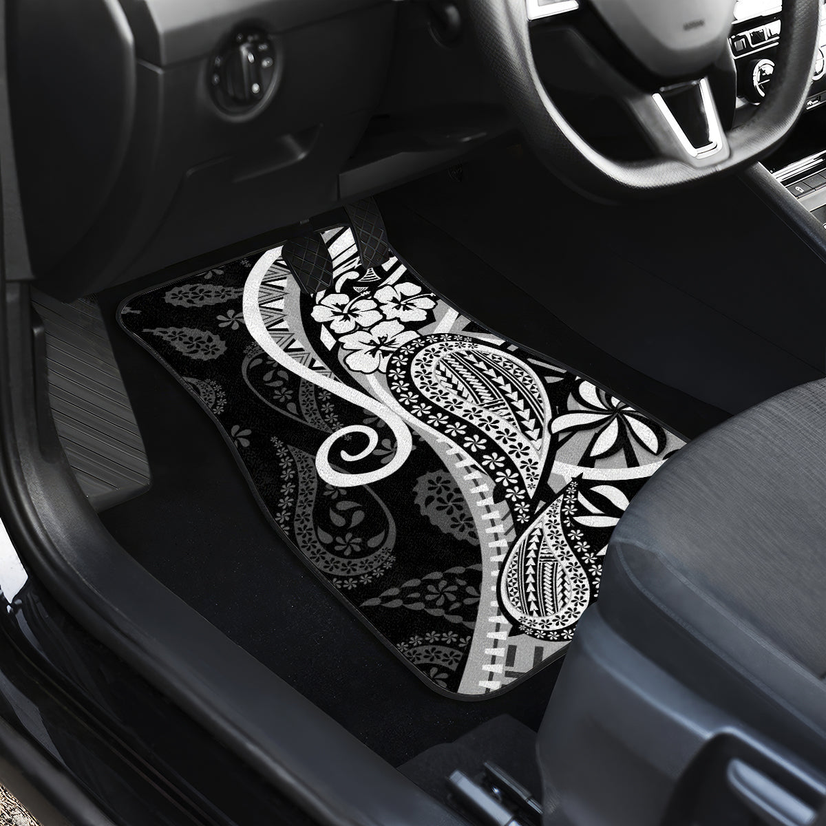 Black Polynesia Paisley Car Mats Polynesian With Tropical Flowers LT14 - Polynesian Pride