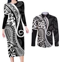 Black Polynesia Paisley Couples Matching Long Sleeve Bodycon Dress and Long Sleeve Button Shirt Polynesian With Tropical Flowers LT14 Black - Polynesian Pride