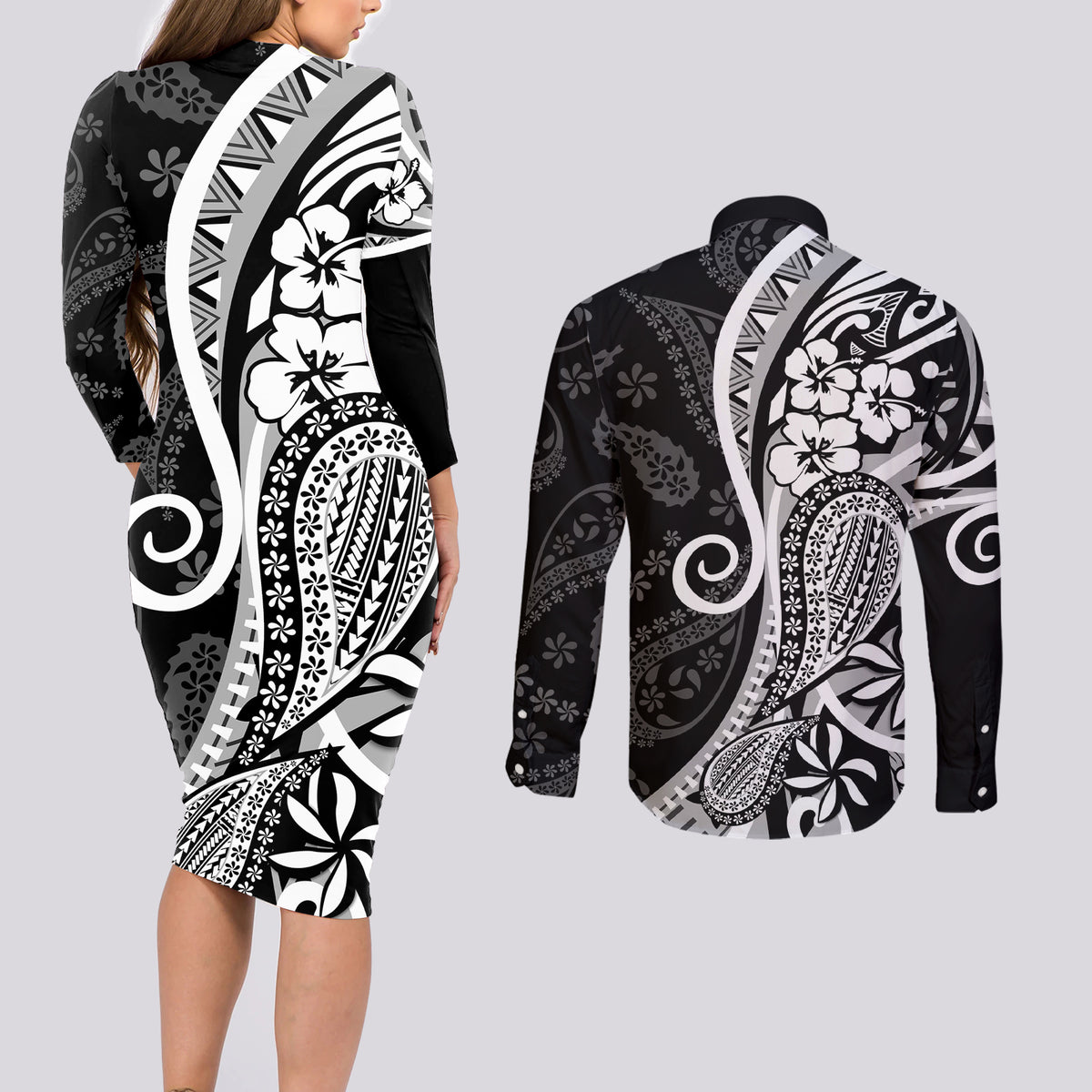 Black Polynesia Paisley Couples Matching Long Sleeve Bodycon Dress and Long Sleeve Button Shirt Polynesian With Tropical Flowers LT14 - Polynesian Pride