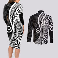 Black Polynesia Paisley Couples Matching Long Sleeve Bodycon Dress and Long Sleeve Button Shirt Polynesian With Tropical Flowers LT14 - Polynesian Pride