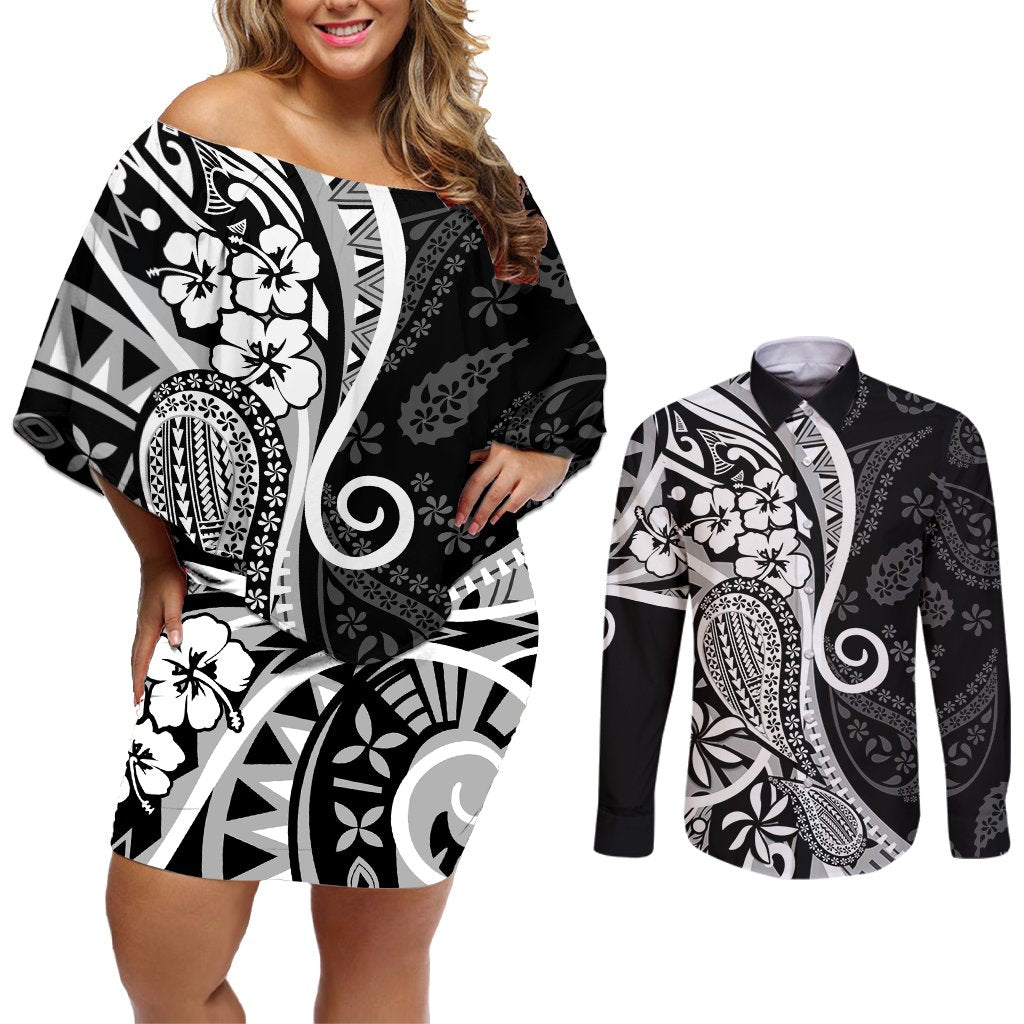 Black Polynesia Paisley Couples Matching Off Shoulder Short Dress and Long Sleeve Button Shirt Polynesian With Tropical Flowers LT14 Black - Polynesian Pride