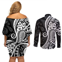 Black Polynesia Paisley Couples Matching Off Shoulder Short Dress and Long Sleeve Button Shirt Polynesian With Tropical Flowers LT14 - Polynesian Pride