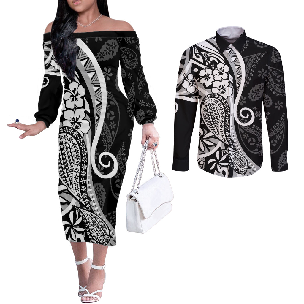 Black Polynesia Paisley Couples Matching Off The Shoulder Long Sleeve Dress and Long Sleeve Button Shirt Polynesian With Tropical Flowers LT14 Black - Polynesian Pride