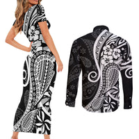 Black Polynesia Paisley Couples Matching Short Sleeve Bodycon Dress and Long Sleeve Button Shirt Polynesian With Tropical Flowers LT14 - Polynesian Pride