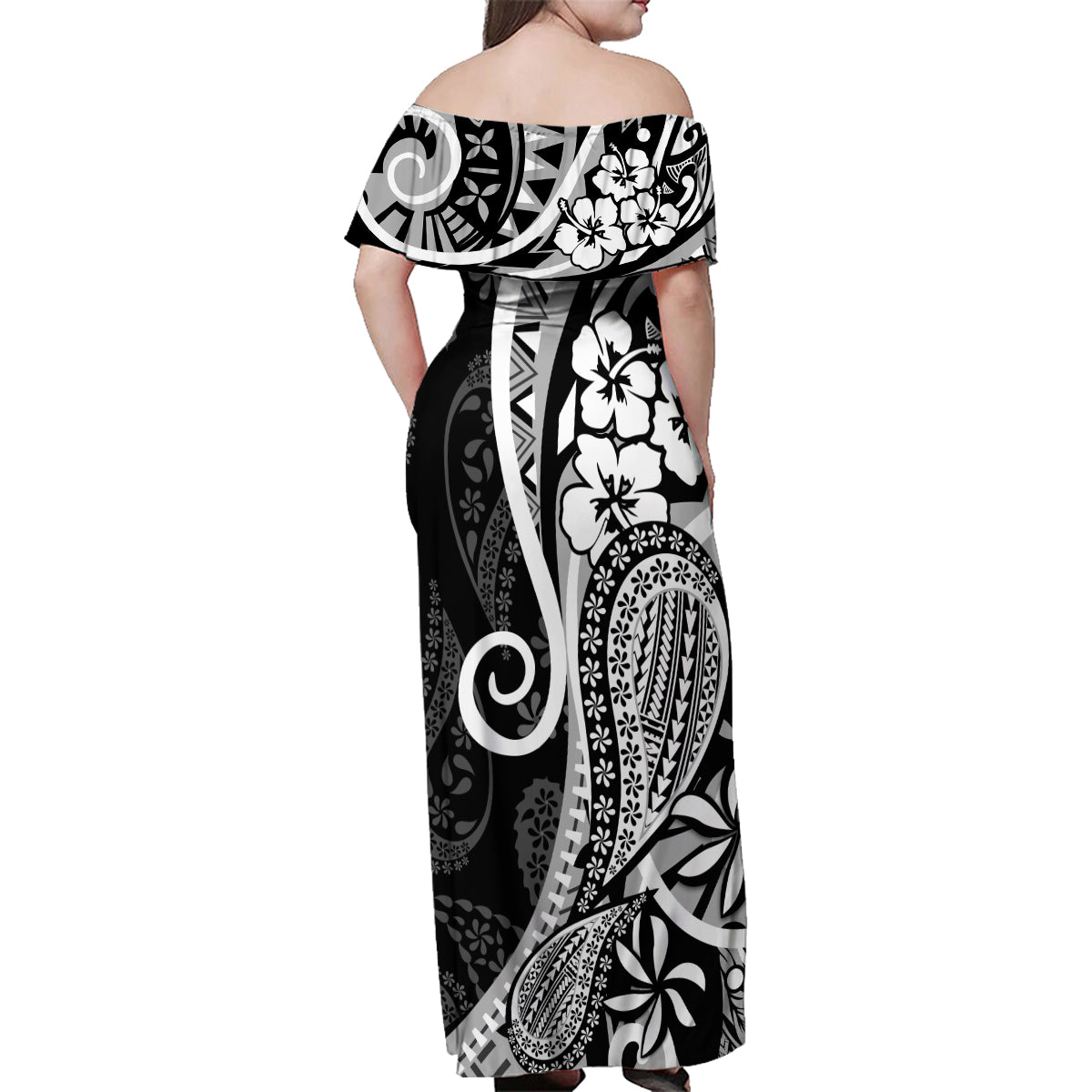 Black Polynesia Paisley Family Matching Off Shoulder Maxi Dress and Hawaiian Shirt Polynesian With Tropical Flowers LT14 - Polynesian Pride