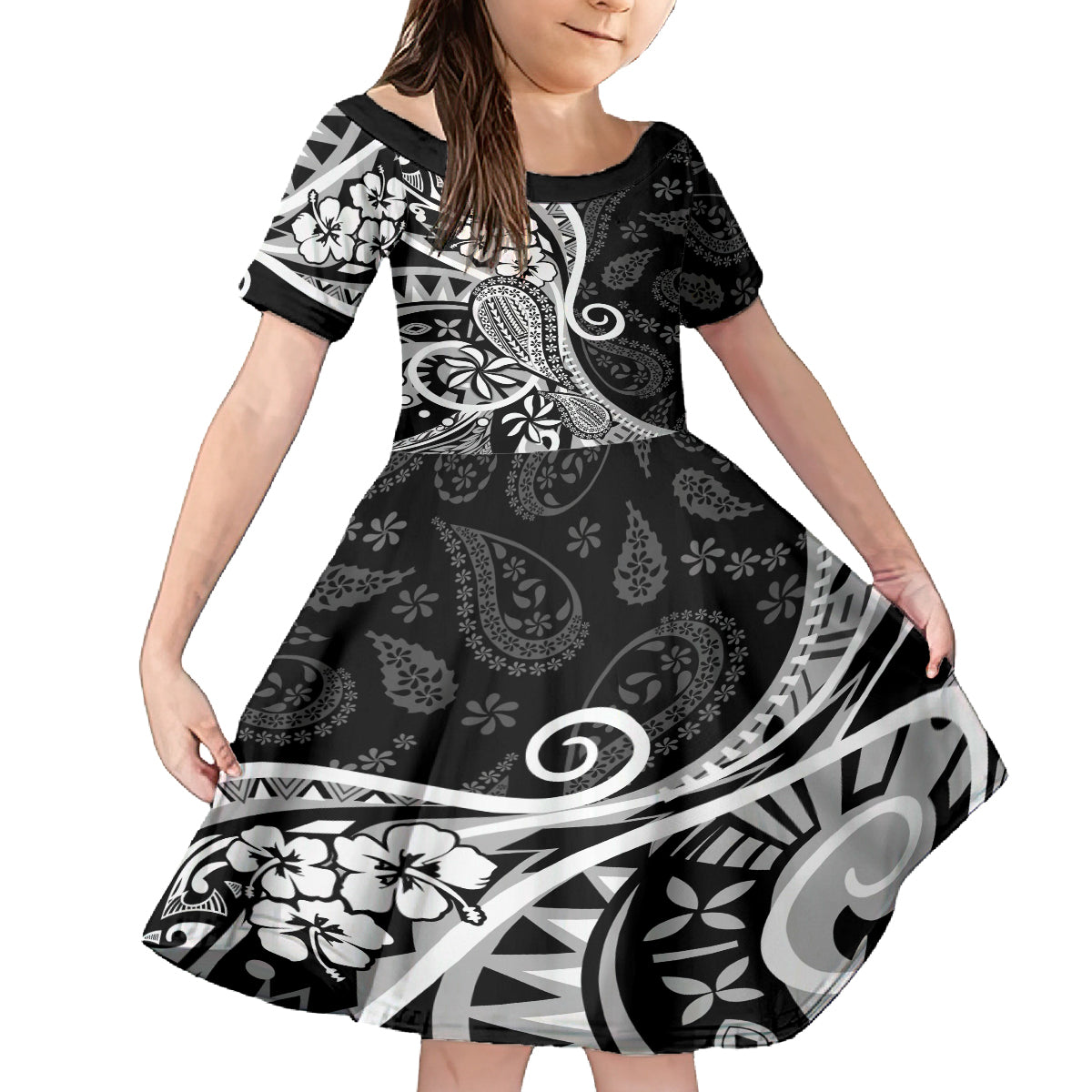 Black Polynesia Paisley Family Matching Off Shoulder Short Dress and Hawaiian Shirt Polynesian With Tropical Flowers LT14 Daughter's Dress Black - Polynesian Pride