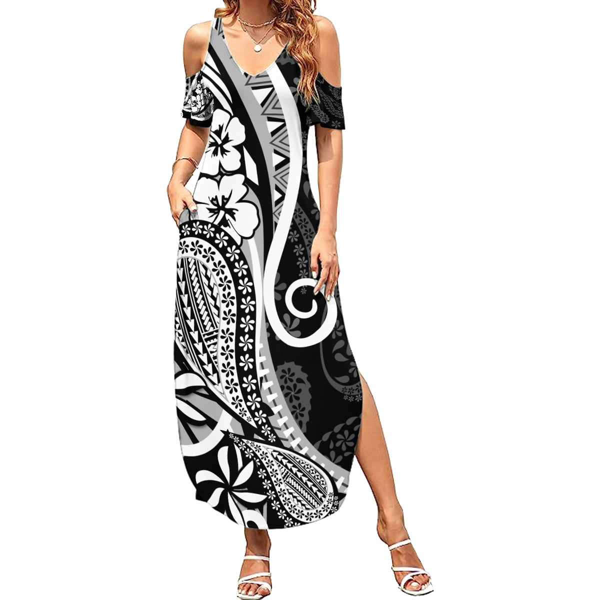 Black Polynesia Paisley Family Matching Summer Maxi Dress and Hawaiian Shirt Polynesian With Tropical Flowers LT14 Mom's Dress Black - Polynesian Pride