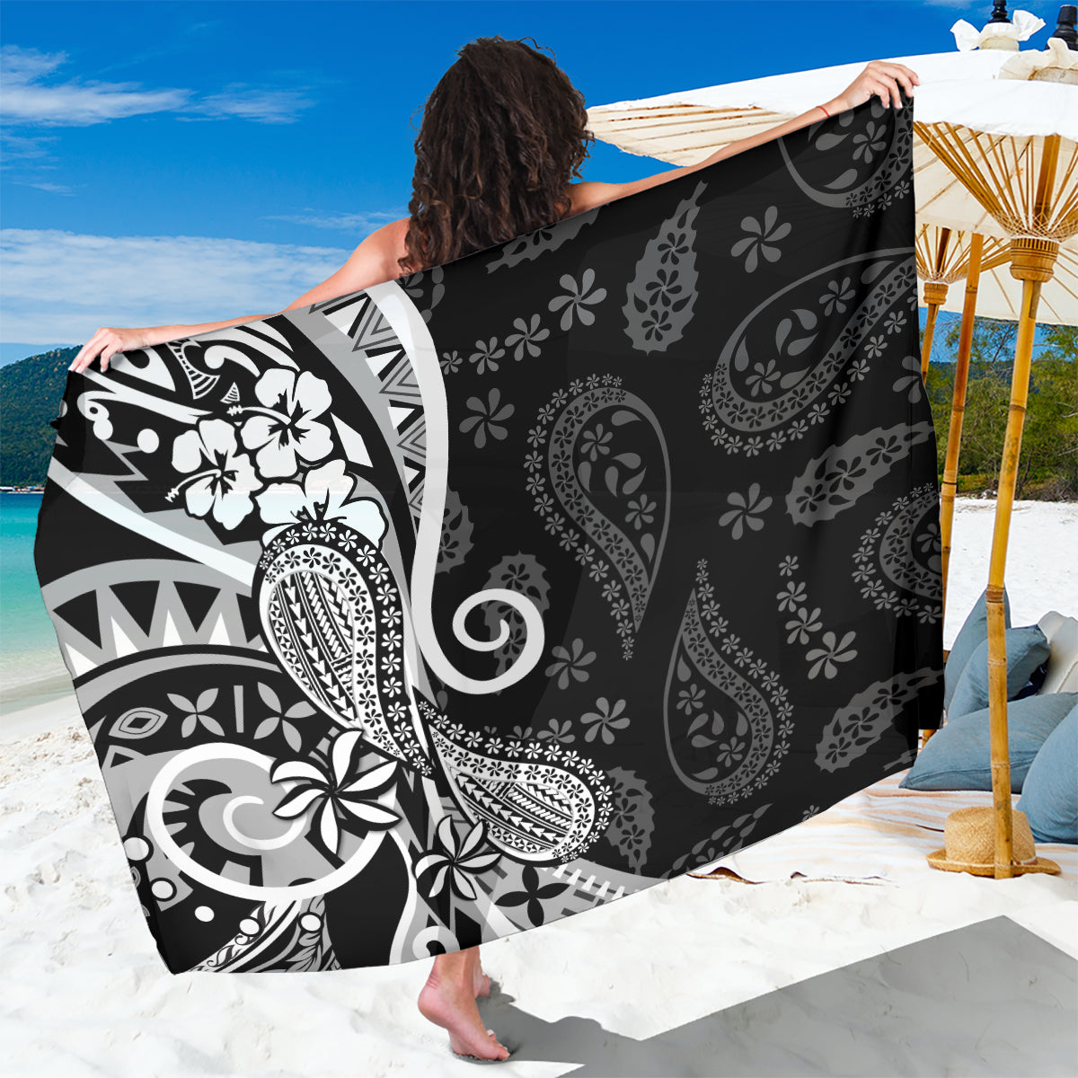 Black Polynesia Paisley Sarong Polynesian With Tropical Flowers LT14 One Size 44 x 66 inches Black - Polynesian Pride
