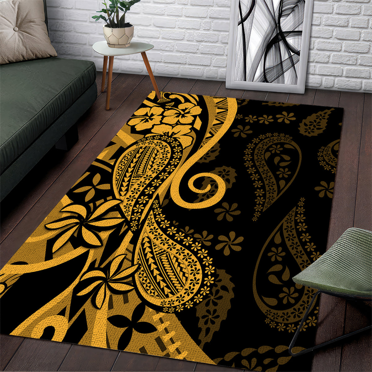 Gold Polynesia Paisley Area Rug Polynesian With Tropical Flowers LT14 Gold - Polynesian Pride