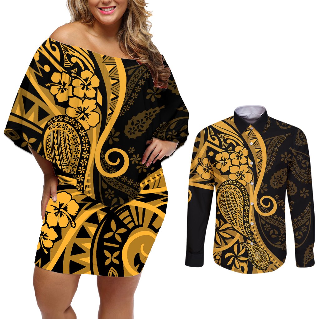 Gold Polynesia Paisley Couples Matching Off Shoulder Short Dress and Long Sleeve Button Shirt Polynesian With Tropical Flowers LT14 Gold - Polynesian Pride