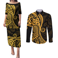 Gold Polynesia Paisley Couples Matching Puletasi Dress and Long Sleeve Button Shirt Polynesian With Tropical Flowers LT14 Gold - Polynesian Pride