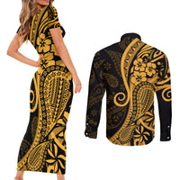 Gold Polynesia Paisley Couples Matching Short Sleeve Bodycon Dress and Long Sleeve Button Shirt Polynesian With Tropical Flowers LT14 - Polynesian Pride