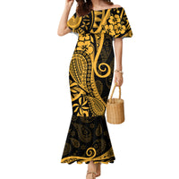 Gold Polynesia Paisley Family Matching Mermaid Dress and Hawaiian Shirt Polynesian With Tropical Flowers LT14 Mom's Dress Gold - Polynesian Pride