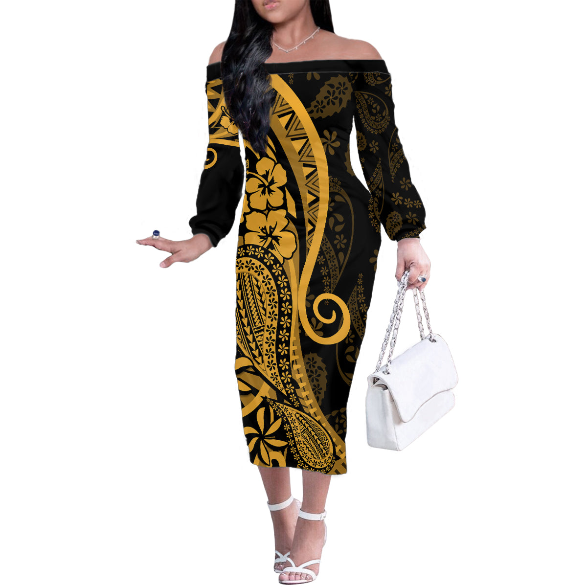 Gold Polynesia Paisley Family Matching Off Shoulder Long Sleeve Dress and Hawaiian Shirt Polynesian With Tropical Flowers LT14 Mom's Dress Gold - Polynesian Pride
