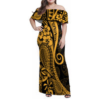 Gold Polynesia Paisley Family Matching Off Shoulder Maxi Dress and Hawaiian Shirt Polynesian With Tropical Flowers LT14 Mom's Dress Gold - Polynesian Pride