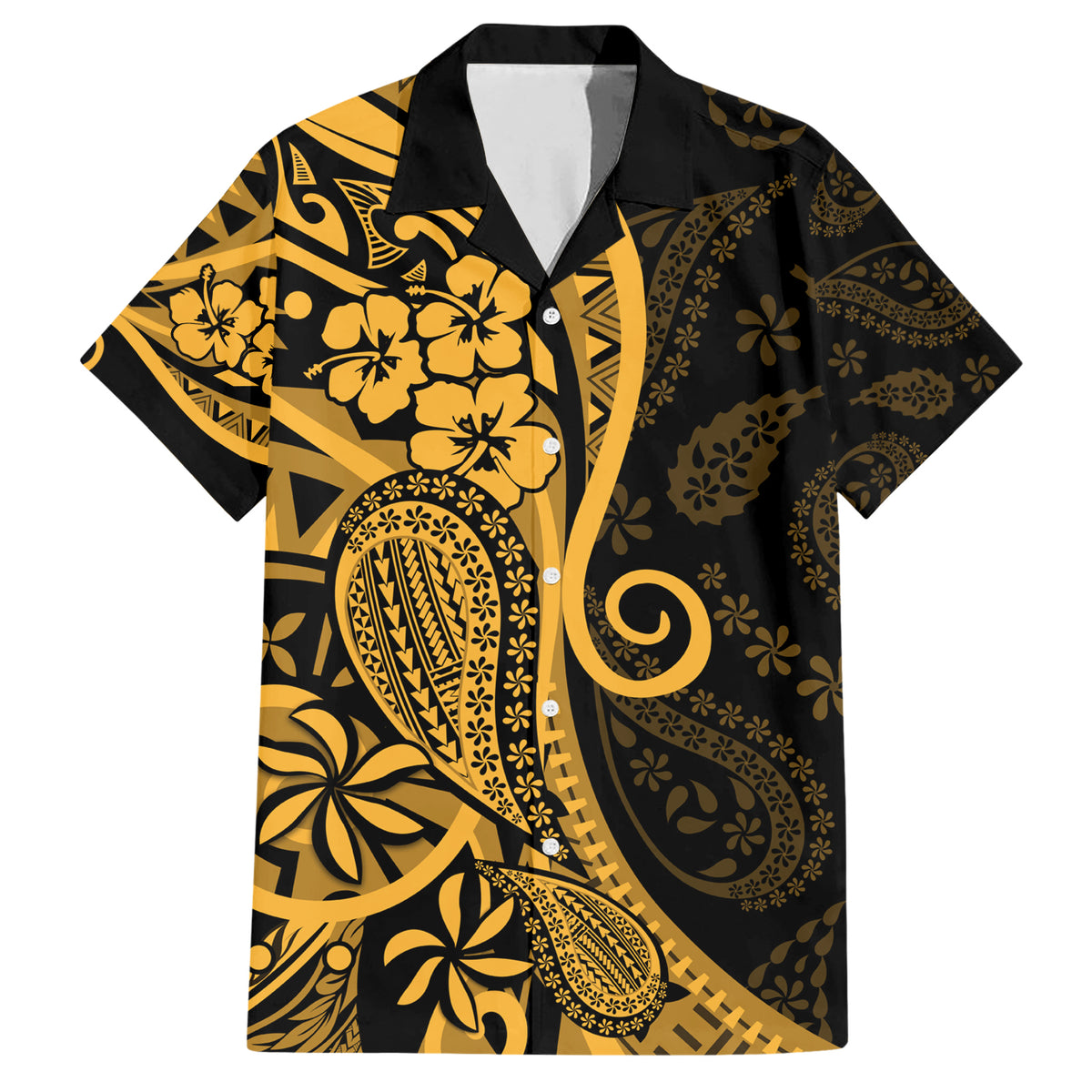 Gold Polynesia Paisley Family Matching Short Sleeve Bodycon Dress and Hawaiian Shirt Polynesian With Tropical Flowers LT14 Dad's Shirt - Short Sleeve Gold - Polynesian Pride